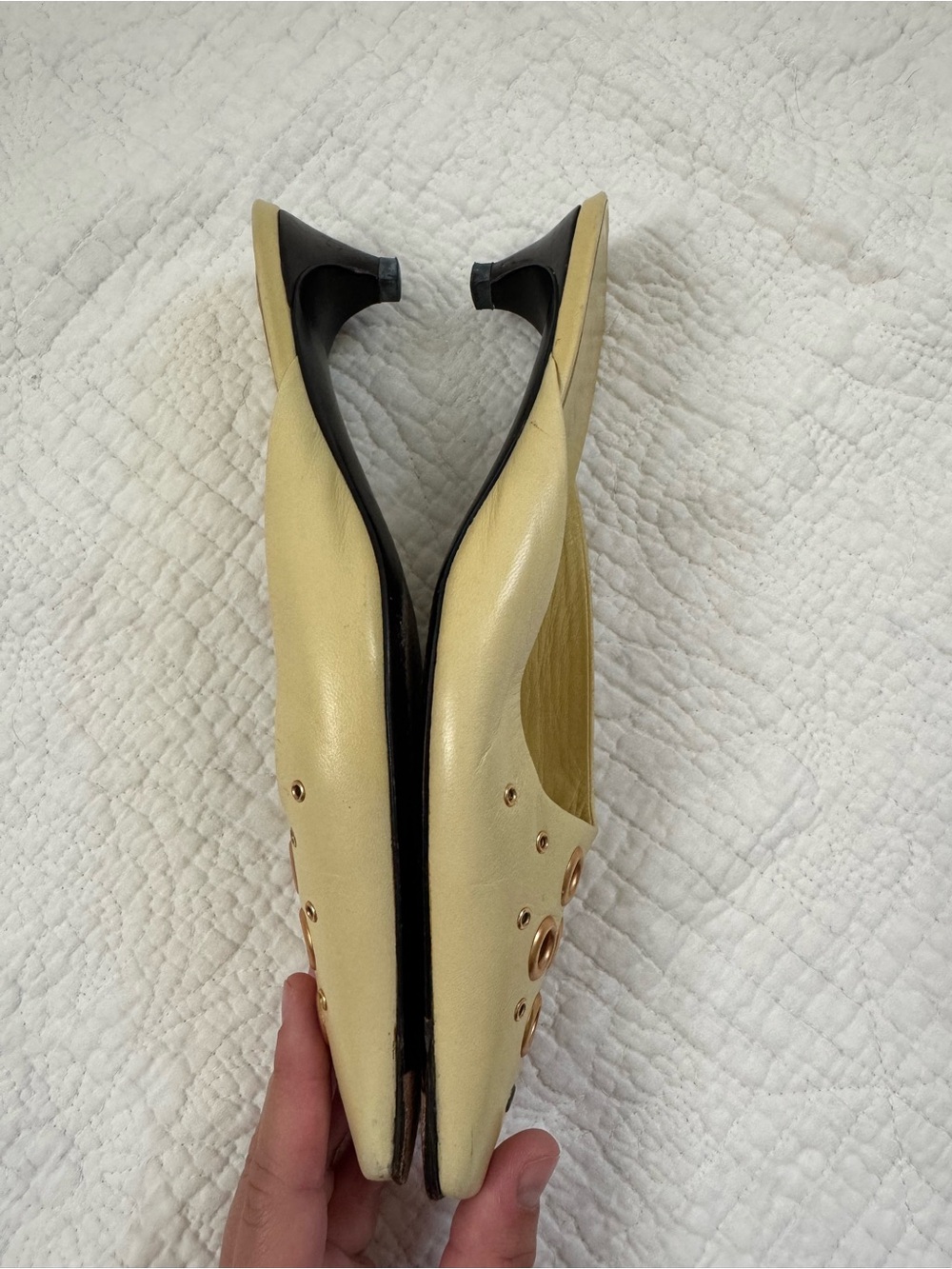 Prada Leather Yellow Low-Heel Mules with Gold Eyelet Accents, Size 37.5/US 7.5 - Picture 6 of 12
